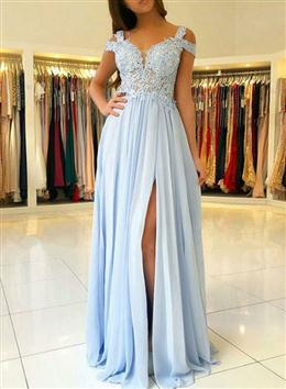 Picture of Pretty Chiffon Light Blue with Lace Long Formal Dresses, Blue Chiffon Formal Dress